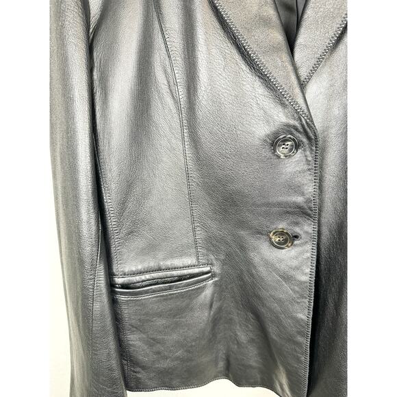 Vintage Y2K 100% Leather Black Blazer Two Button Up Minimalist Jacket Medium - Picture 6 of 12